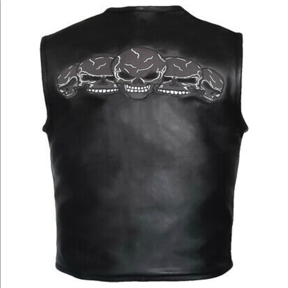 Mens Collarless Skulls Leather Motorcycle Biker Leather Vest Concealed Carry - Picture 3 of 4